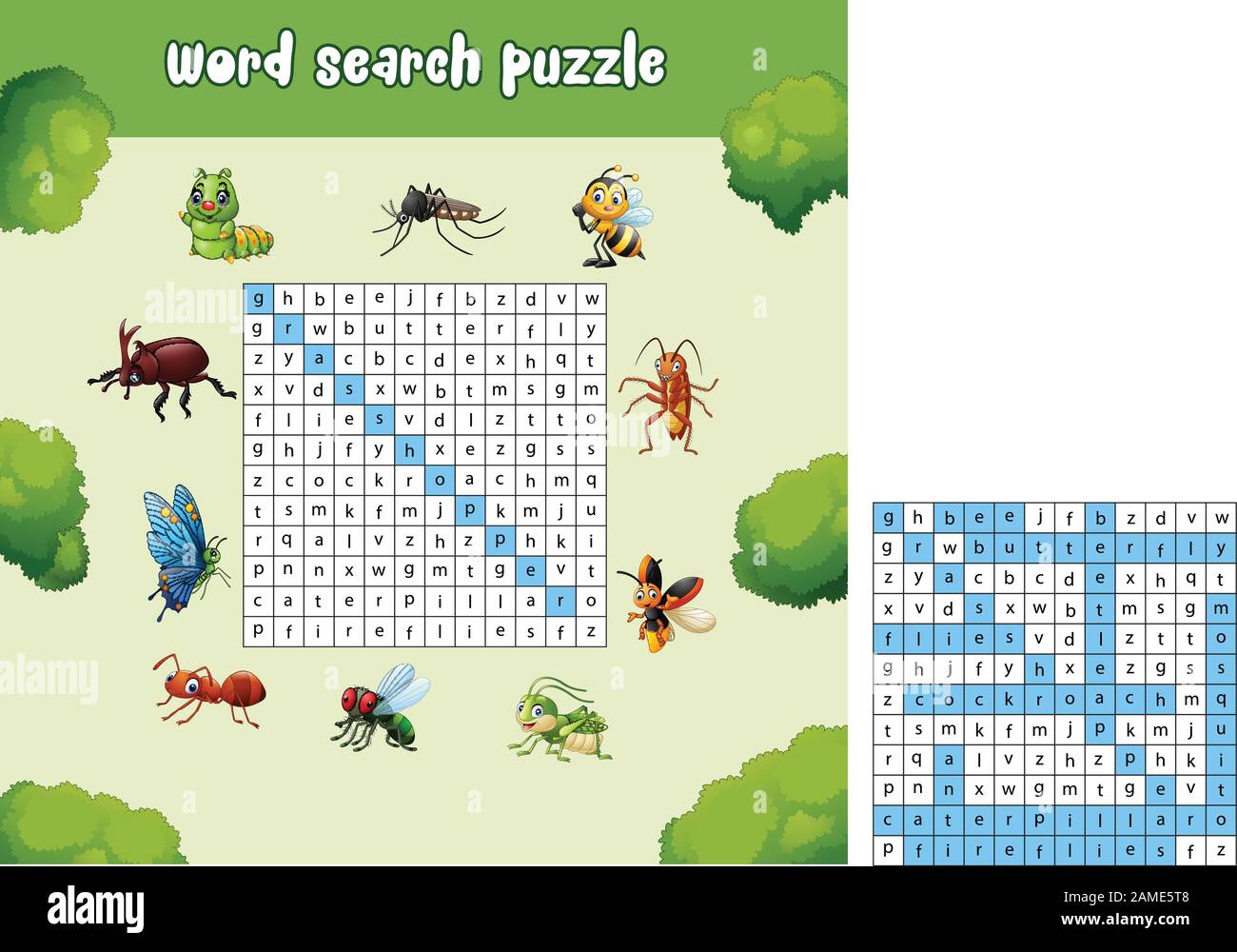 Puzzle de recherche de mots sur les bestioles animaux Illustration de Vecteur