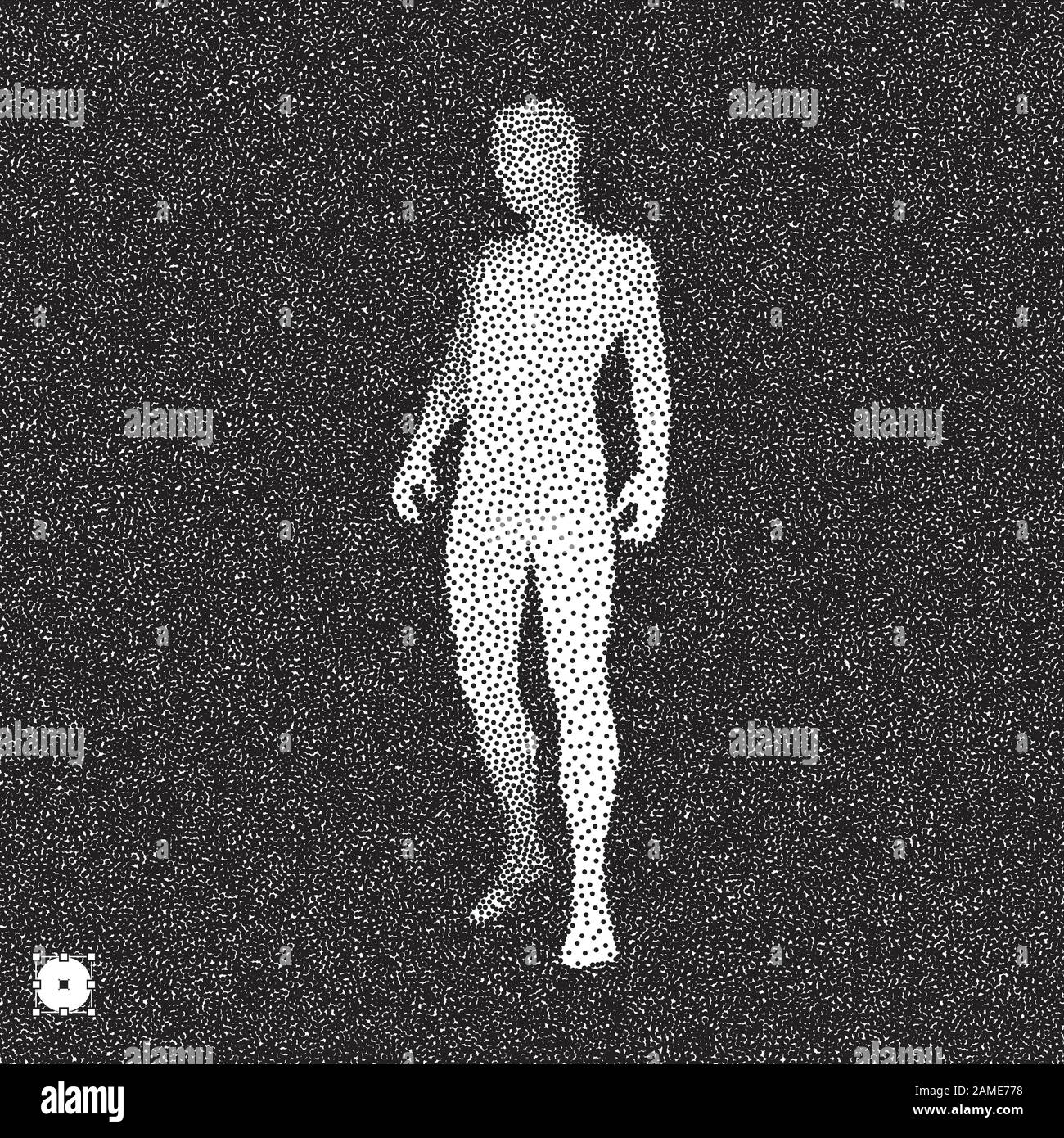 L'homme se dresse sur ses pieds. Modèle 3D de l'homme. Noir et blanc conception dotwork granuleuses. Vector illustration pointillées. Illustration de Vecteur