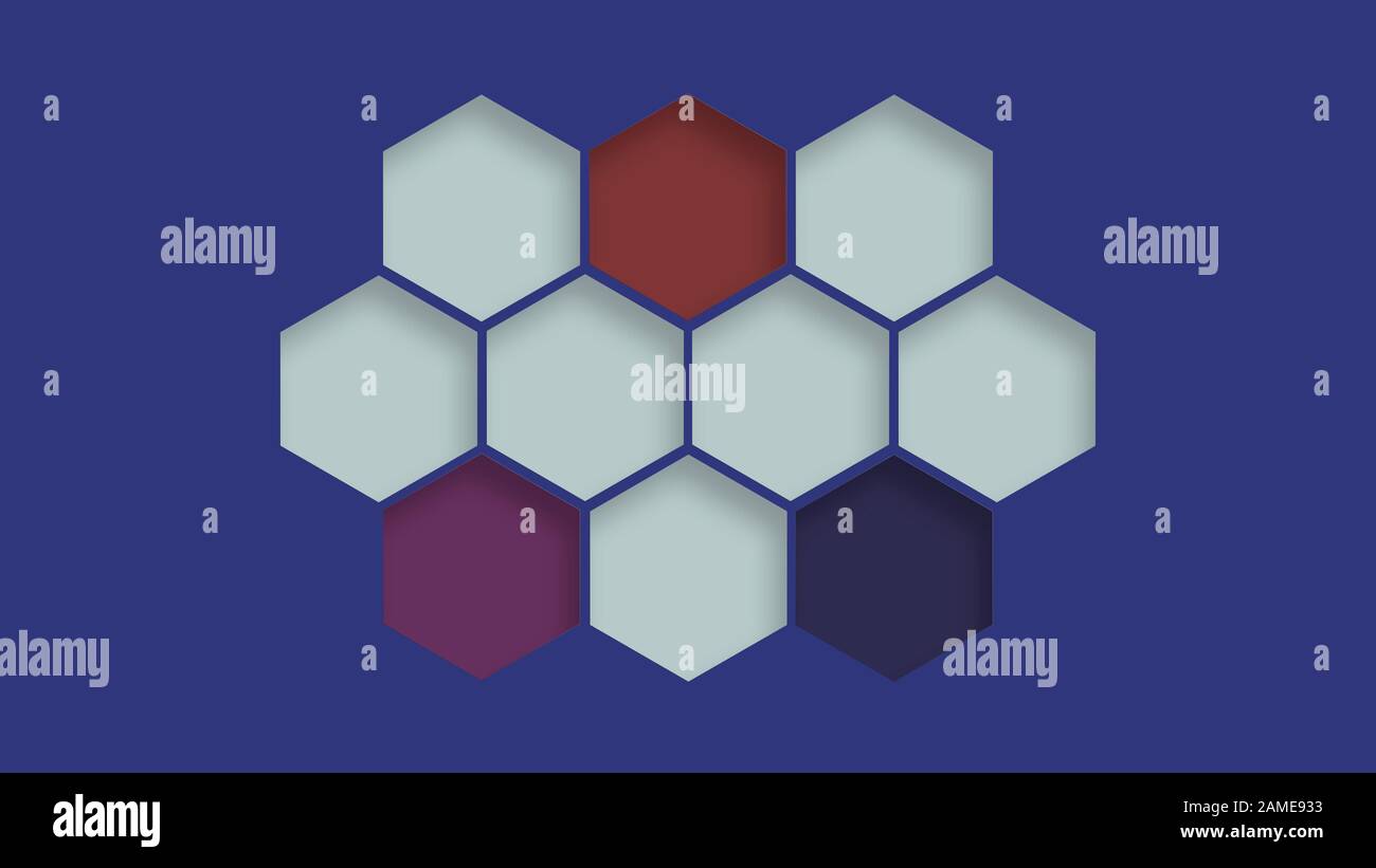 De beaux éléments hexagons structure sur fond bleu. Toile de fond de formes géométriques tridimensionnelles colorées Banque D'Images