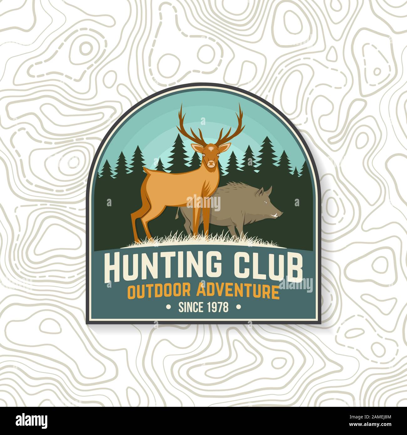 Écusson du club de chasse. Illustration vectorielle. Concept pour chemise ou étiquette, imprimé, cachet, badge, patch. Design typographique vintage avec silhouette de cerf, de sanglier et de forêt. Emblème du club de chasse aux aventures en plein air Illustration de Vecteur Écusson du club de chasse. Illustration vectorielle. Concept pour chemise ou étiquette, imprimé, cachet, badge, patch. Design typographique vintage avec silhouette de cerf, de sanglier et de forêt. Emblème du club de chasse aux aventures en plein air Illustration de Vecteur