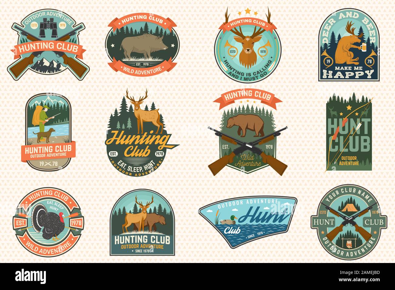 Ensemble de badge club de chasse. Notion de vecteur pour chemise, étiquette, impression, stamp, patch. Typographie vintage design avec fusil de chasse, sanglier, Hunter, l'ours, le cerf, le canard et la forêt. Hunt Club plein air lent Illustration de Vecteur Ensemble de badge club de chasse. Notion de vecteur pour chemise, étiquette, impression, stamp, patch. Typographie vintage design avec fusil de chasse, sanglier, Hunter, l'ours, le cerf, le canard et la forêt. Hunt Club plein air lent Illustration de Vecteur