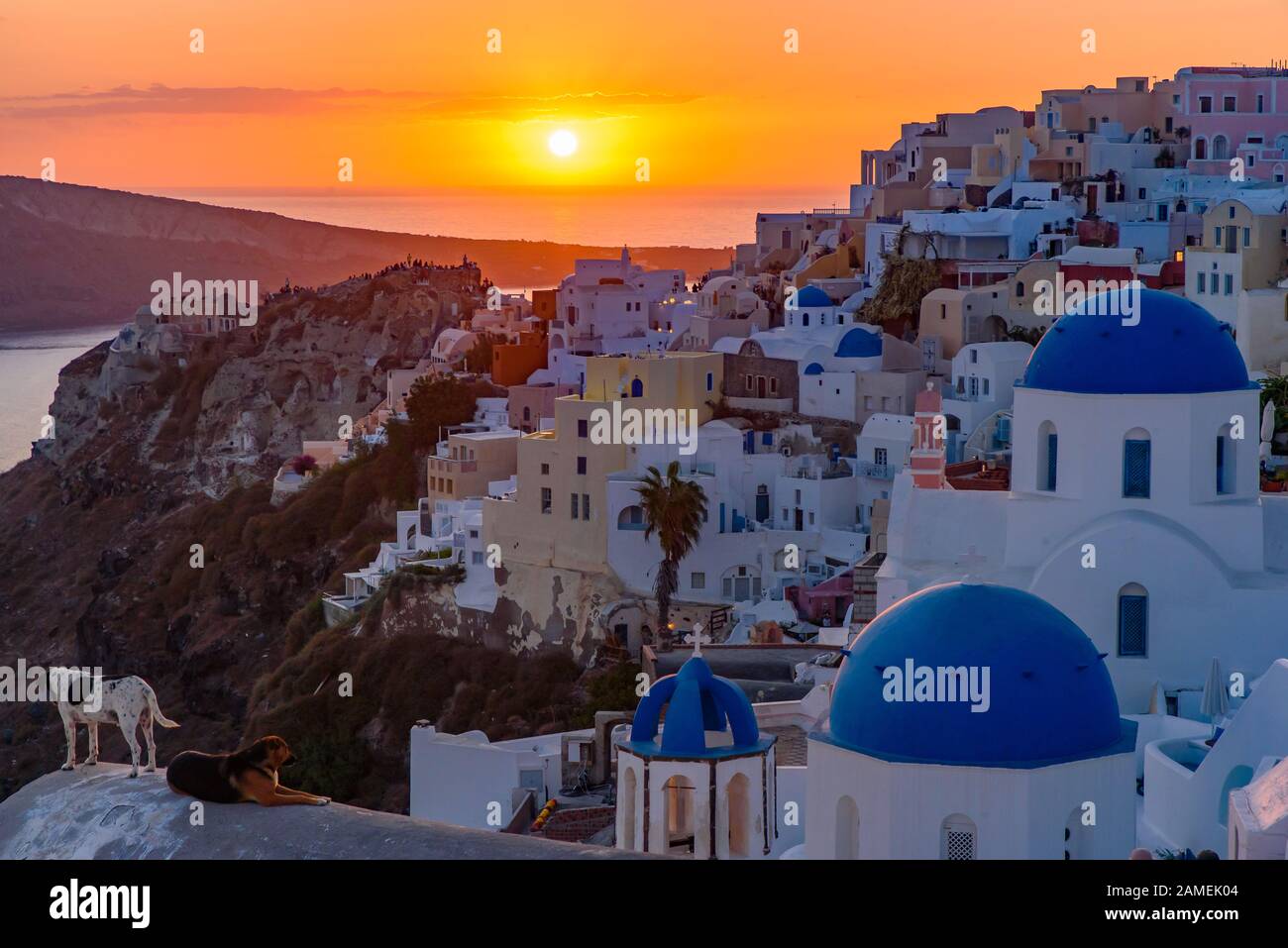 Églises au dôme bleu et maisons blanches traditionnelles face à la mer Égée avec lumière chaude au coucher du soleil à Oia, Santorin, Grèce Banque D'Images