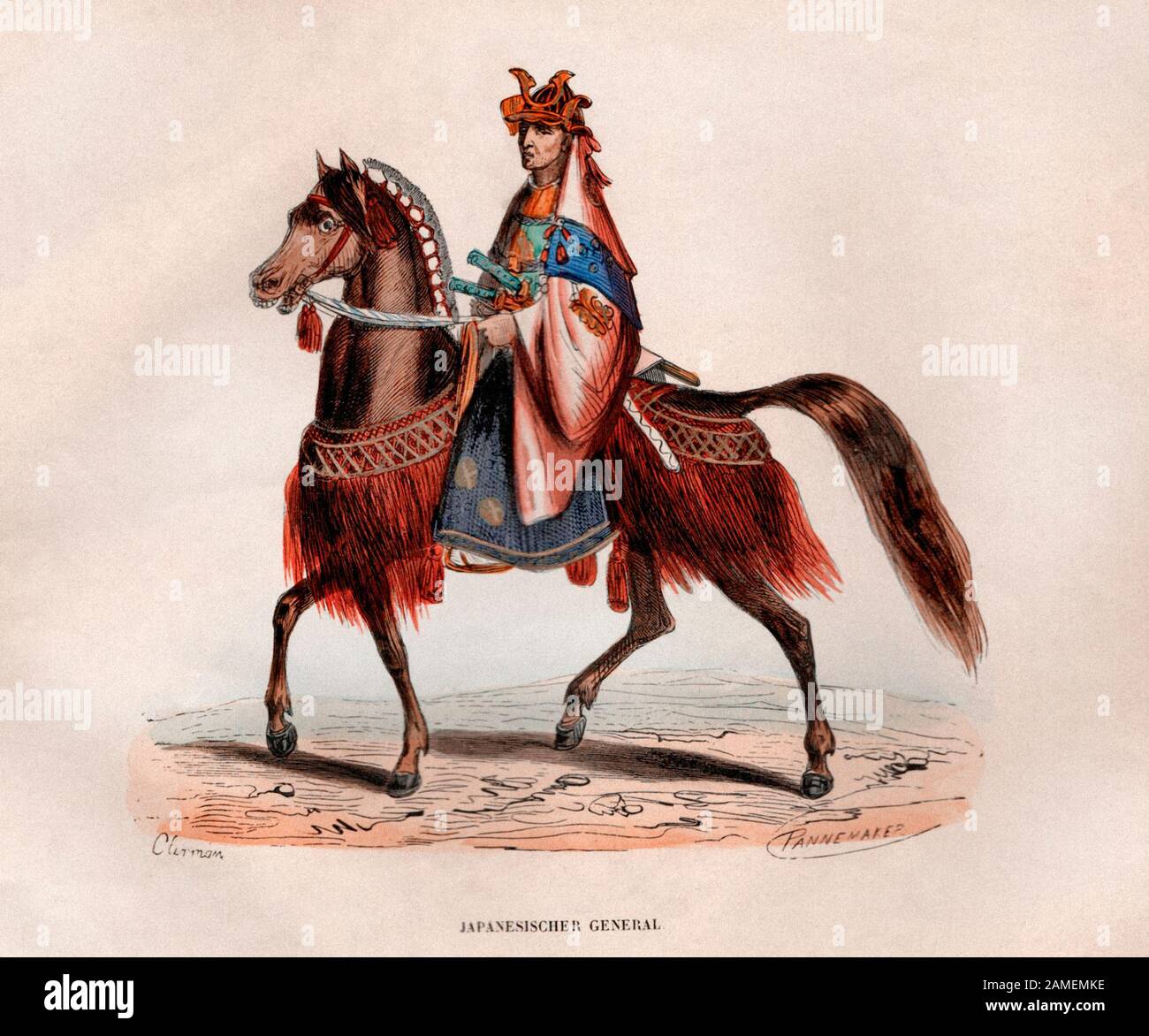 Gravure de guerrier à cheval, ' général japonais à cheval'. xixe siècle Banque D'Images