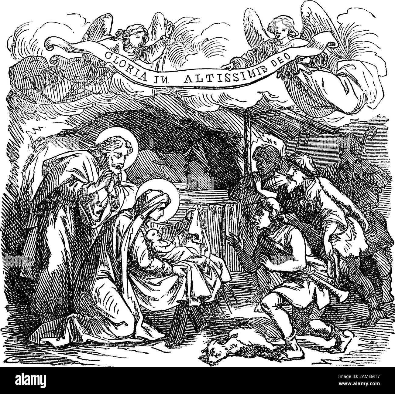 Dessin vintage ou gravure de l'histoire biblique des bergers visitant le nouveau-né Jésus, vierge Marie et Joseph à Bethléem.Bible, Nouveau Testament,Luc 2. Biblische Geschichte , Allemagne 1859. Illustration de Vecteur Dessin vintage ou gravure de l'histoire biblique des bergers visitant le nouveau-né Jésus, vierge Marie et Joseph à Bethléem.Bible, Nouveau Testament,Luc 2. Biblische Geschichte , Allemagne 1859. Illustration de Vecteur