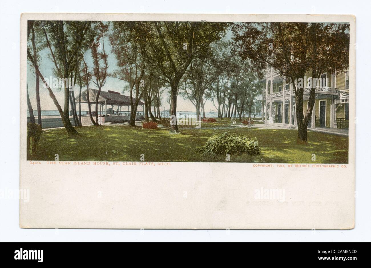 The Star Island House, St Clair Flats, Mich Postcard Numéro De Série : 6400 1902-1903. Passage à l'illustration pleine grandeur, lorsque la réglementation postale autorisait l'adresse et le message ensemble à l'envers.; la Maison de l'île Star, St. clair Flats, Michigan. Banque D'Images