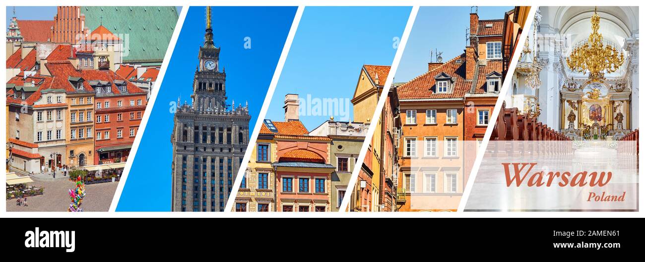 Bannière horizontale avec un collage de 5 images des sites de Varsovie, Pologne Banque D'Images