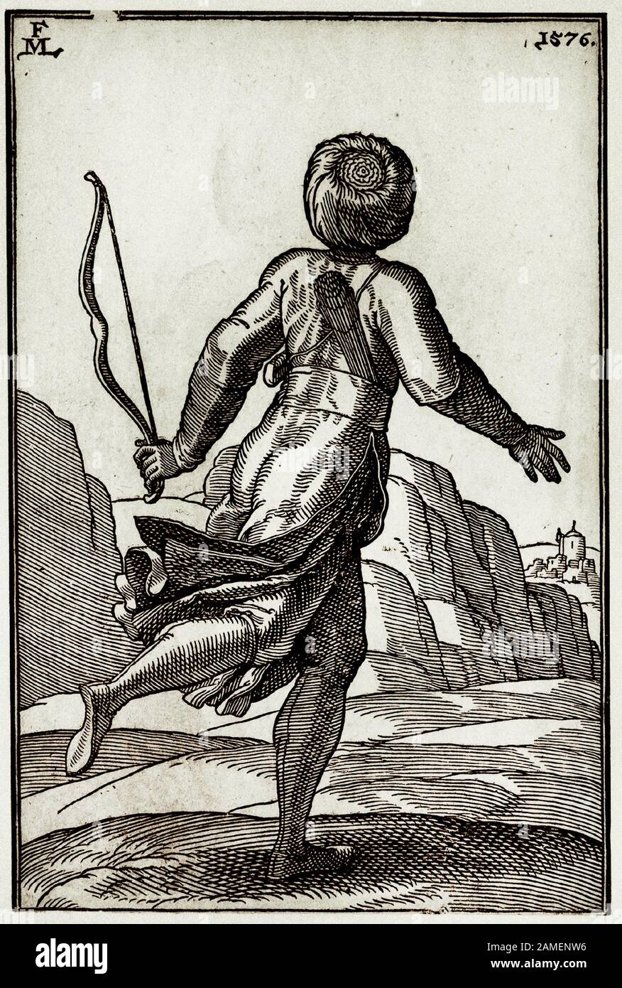 L'histoire de l'Empire ottoman. Un soldat de course ; vu de derrière ; tenant un arc dans sa main gauche, un ensemble de flèches dans sa ceinture Banque D'Images