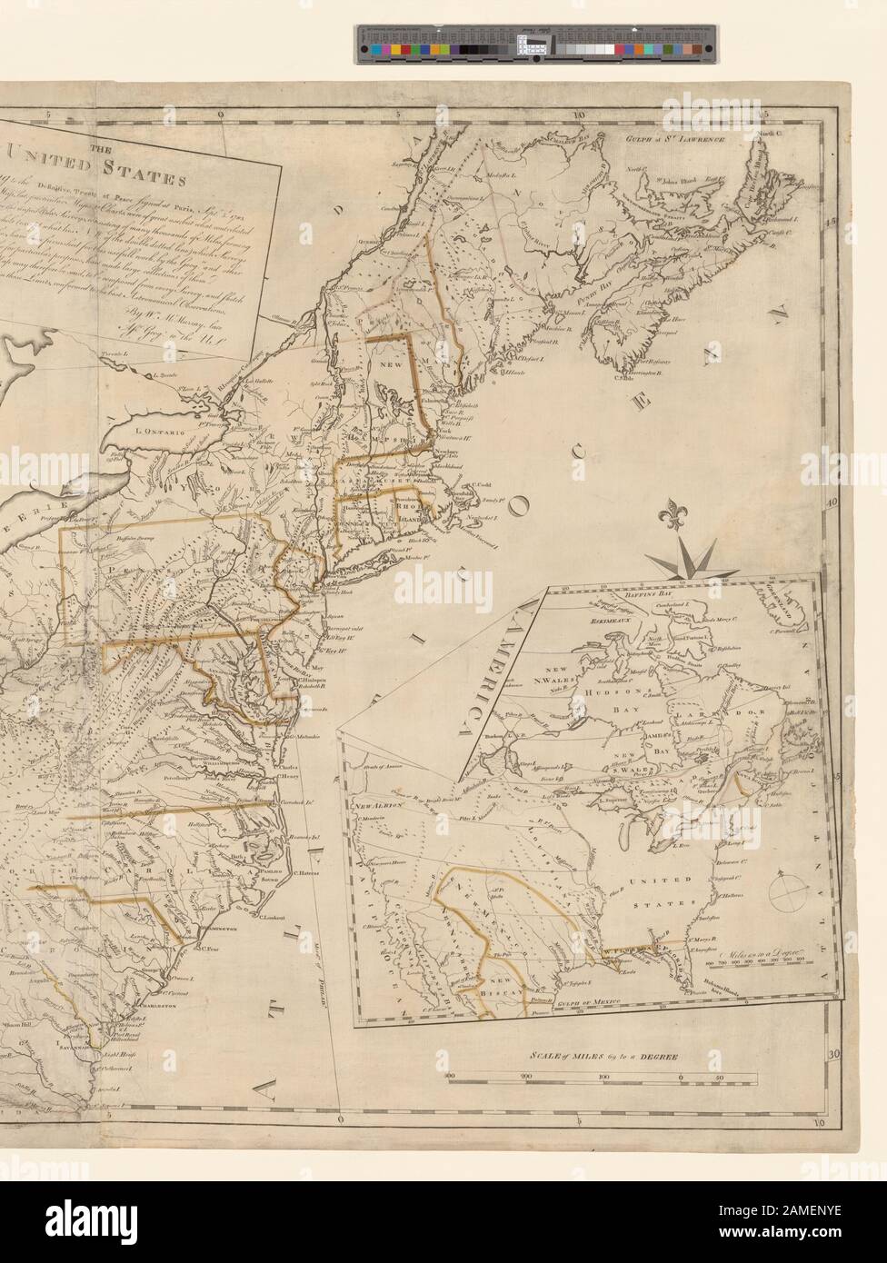 Les Etats-Unis selon le traité de paix définitif signé à Paris, Septr trid, 1783 échelle [CA. 1:3,200,000] (W 95°--W 59°/N 47°--N 29°) méridien de base : Philadelphie. Inclut un encart montrant la plupart de l'Amérique du Nord. Cartographie de la nation (subvention NEH, 2015-2018); Les États-Unis selon le traité de paix définitif signé à Paris, Septr. 3, 1783 Banque D'Images