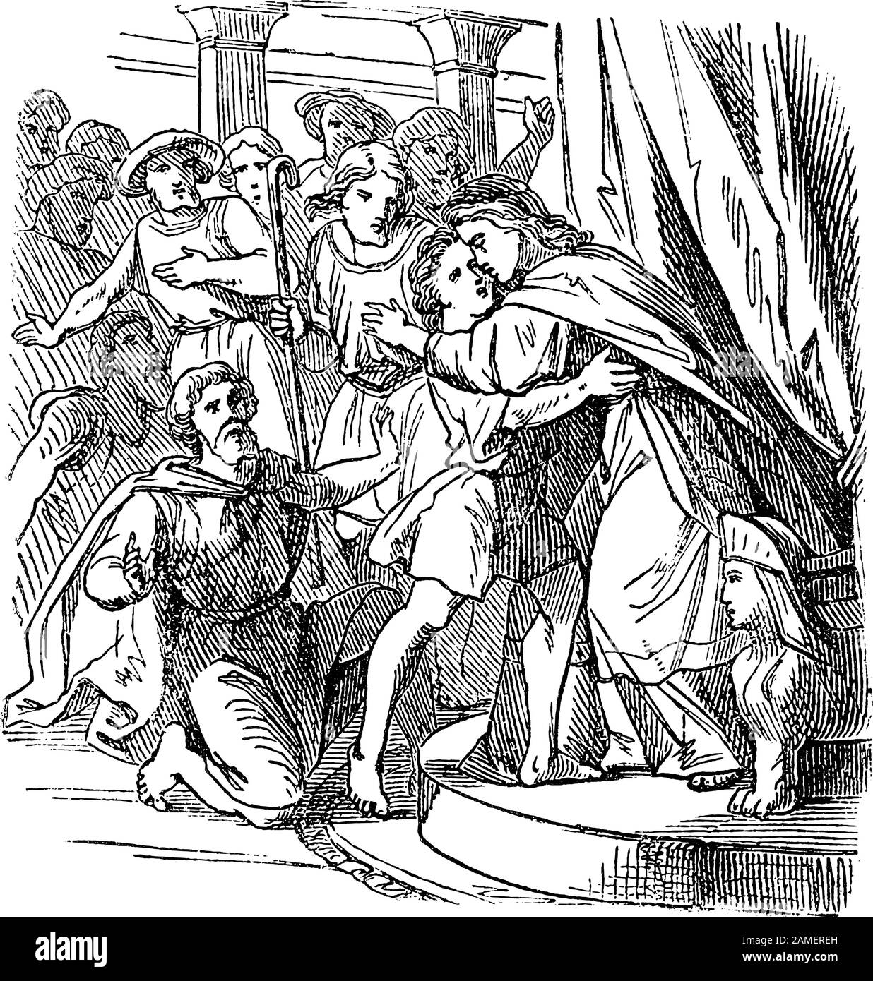 Dessin vintage ou gravure de l'histoire biblique de Joseph, vizier de Pharaon d'Egypte, reconnu par ses frères.Bible, ancien Testament,Genèse 45. Biblische Geschichte , Allemagne 1859. Illustration de Vecteur