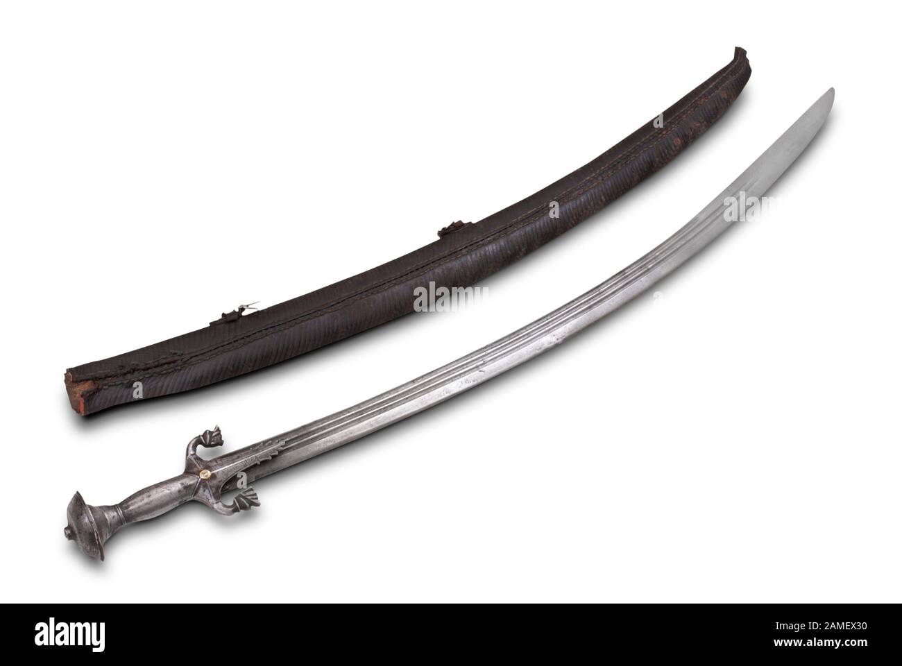 Type de Talwar de sabre (sabre) indien. Les 18 et 19 siècles. Chemin sur fond blanc. Banque D'Images