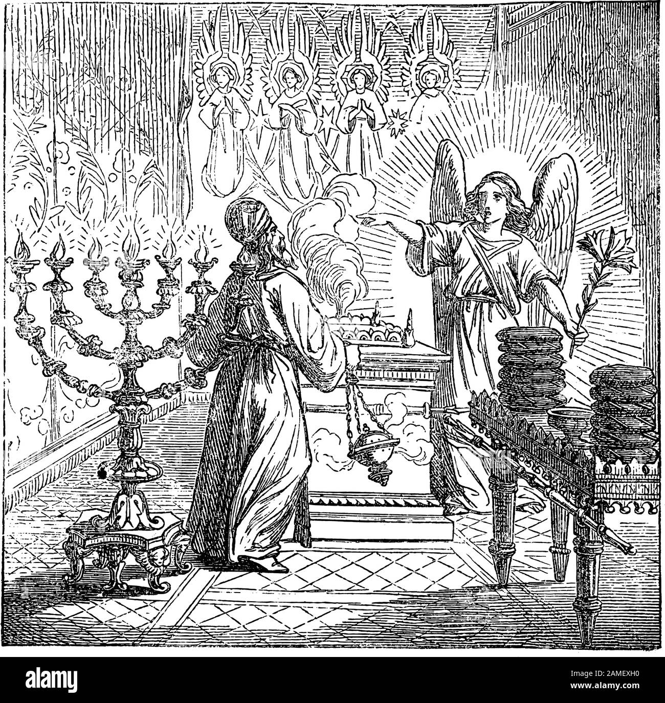 Dessin vintage ou gravure de l'histoire biblique de la naissance de Jean le Baptiste foretold. Angel Gabriel parle au prêtre Zacharie dans le temple de Dieu. Bible, Nouveau Testament, Luc 1. Biblische Geschichte , Allemagne 1859. Illustration de Vecteur