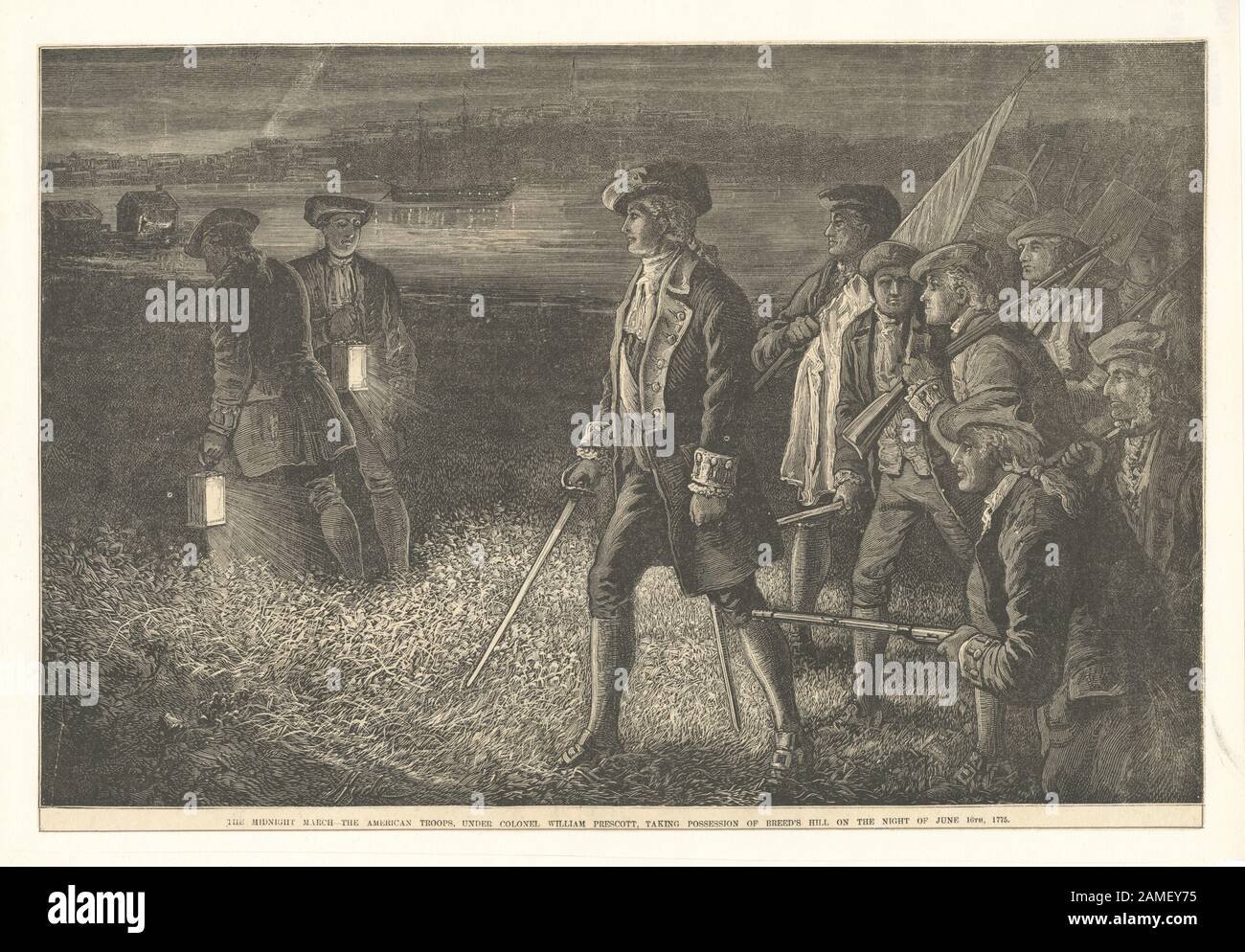 La marche de minuit - les troupes américaines, sous le colonel William Prescott, prenant possession de Breed's Hill dans la nuit du 16 juin 1775 les Printmakers incluent J.B. Forrest, J.N. Gimbrede, H.B. Hall Et John Hill. Titre du calendrier de la collection Emmet. Énoncé de responsabilité : Hyde; La marche de minuit - les troupes américaines, sous le colonel William Prescott, prennent possession de Breed's Hill dans la nuit du 16 juin 1775 Banque D'Images