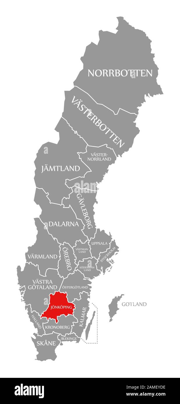 Jonkoping rouge mis en évidence sur la carte de la Suède Banque D'Images