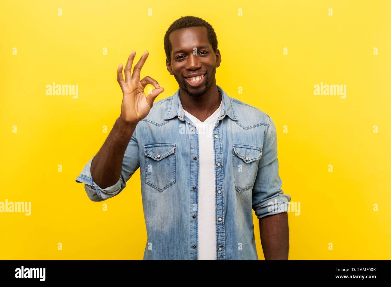 Tout va bien ! Portrait de l'homme satisfait de la main dans une chemise en denim avec manches roulées souriant et montrant l'approbation, geste ok, d'accord avec sugg Banque D'Images