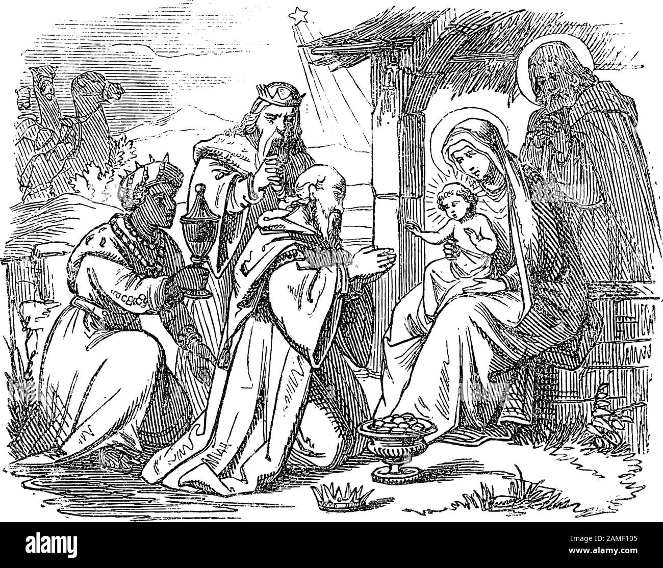 Dessin vintage ou gravure de l'histoire biblique de trois hommes ou rois sages visitant Jésus nouveau-né à Bethléem et lui donnant des cadeaux.Bible, Nouveau Testament,Matthieu 2. Biblische Geschichte , Allemagne 1859. Illustration de Vecteur