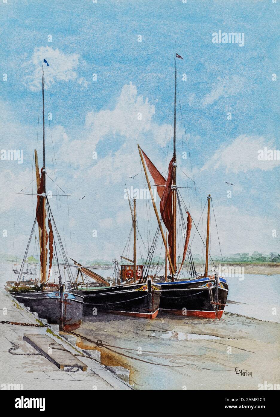 Peinture des barges de la Tamise amarrée. Banque D'Images