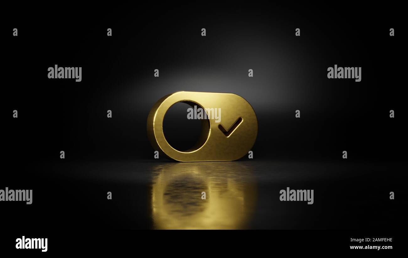 Symbole en métal doré du bouton de commutation avec coche en relief avec réflexion floue sur le sol avec fond sombre Banque D'Images