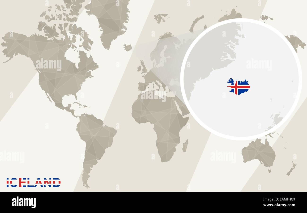 Zoom sur la carte et le drapeau islandais. Carte Du Monde. Illustration de Vecteur