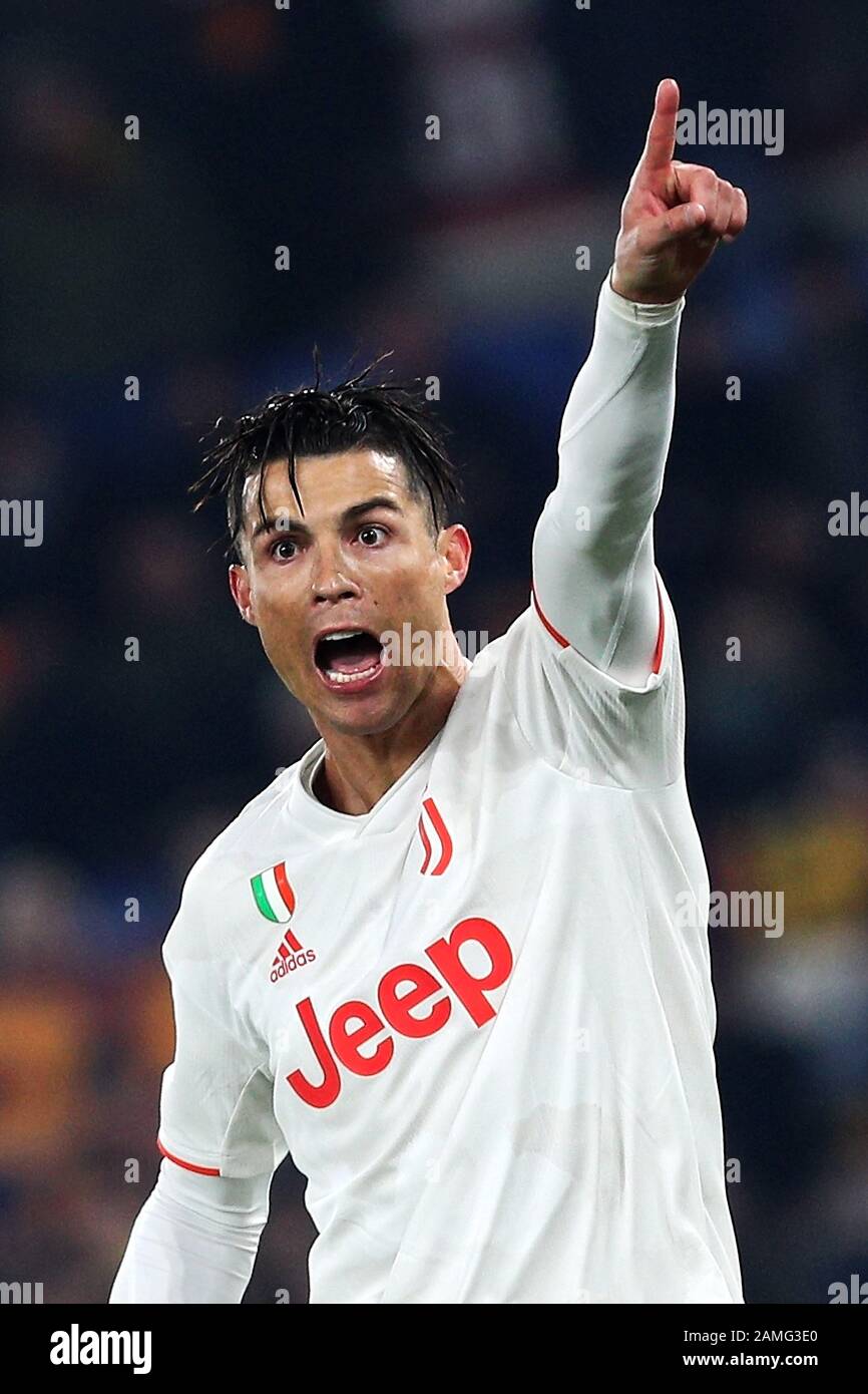 Cristiano Ronaldo de Juventus réagit lors du championnat italien Serie UN match de football entre AS Roma et Juventus le 12 janvier 2020 à Stadio Olimpico à Rome, Italie - photo Federico Proietti/ESPA-Imaes Banque D'Images