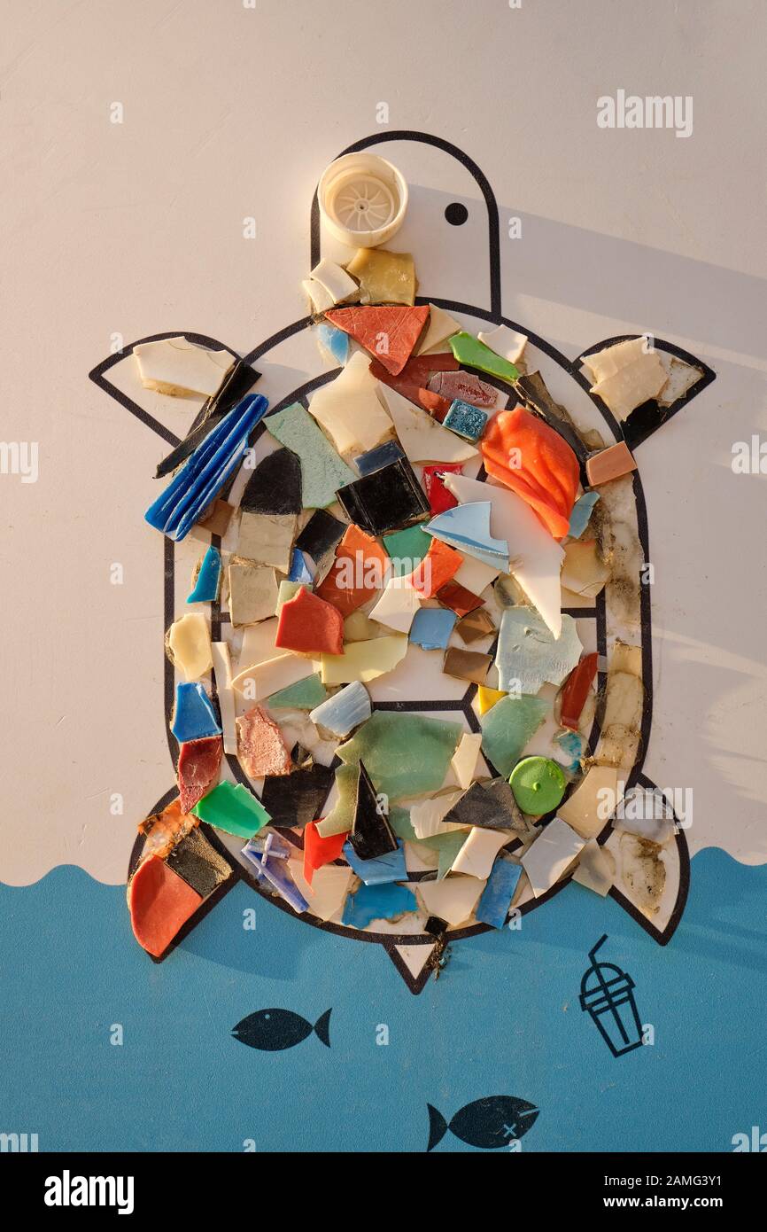 Fragments de déchets de plastique trouvés collectés des plages et des mers, coincé sur une tortue de mer - campagne de pollution plastique - nettoyage de plage - plastique de mer Banque D'Images