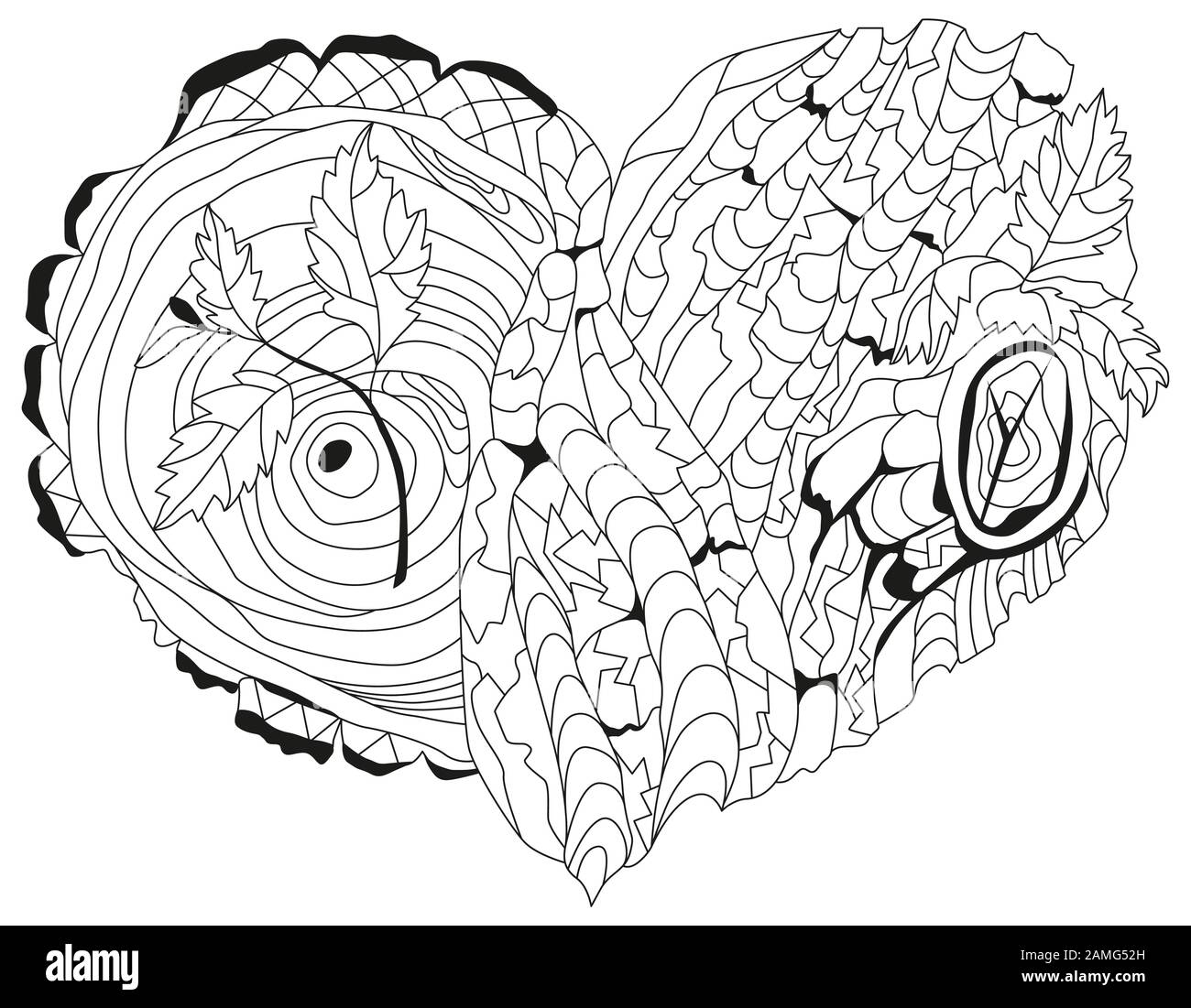 Coeur de caniche esquisse avec texture d'écorce d'arbre et jeunes pousses Illustration de Vecteur