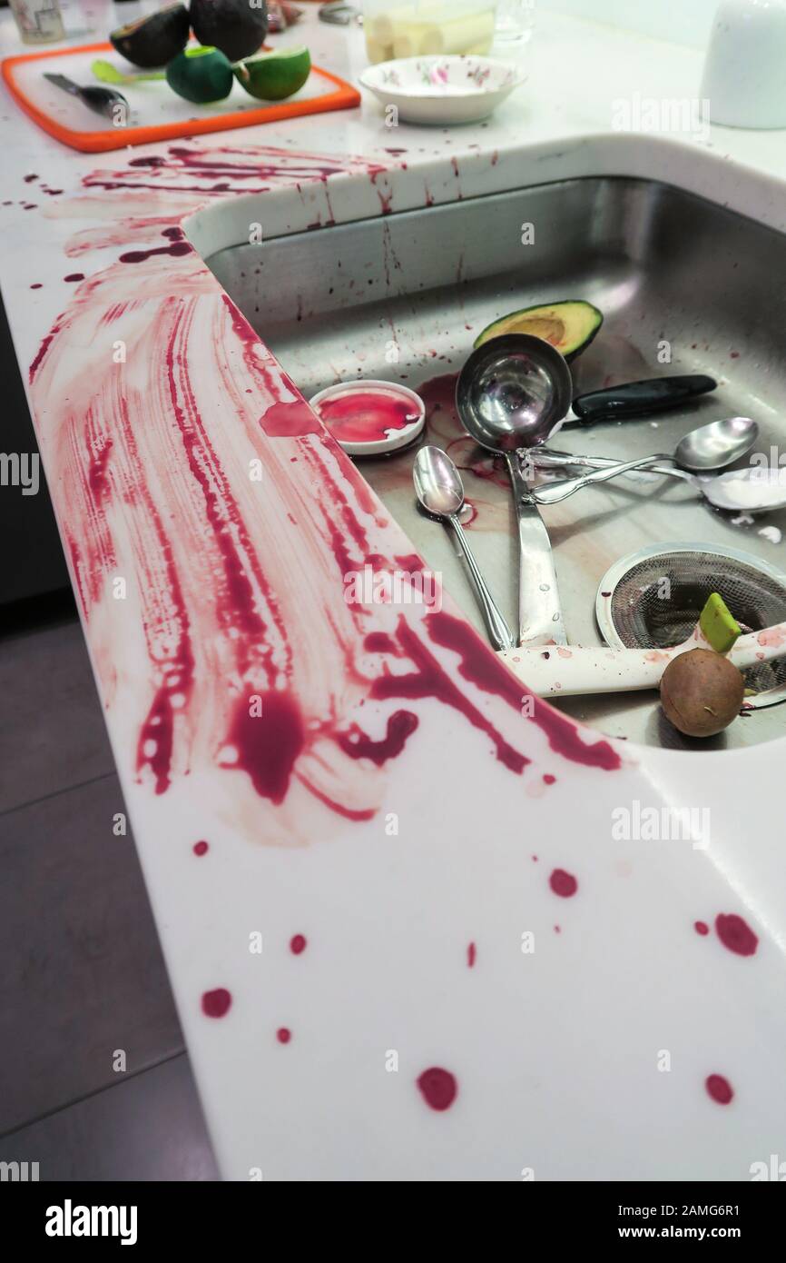 L'accident de couteau de cuisine laisse un gâchis sanglant, États-Unis Banque D'Images
