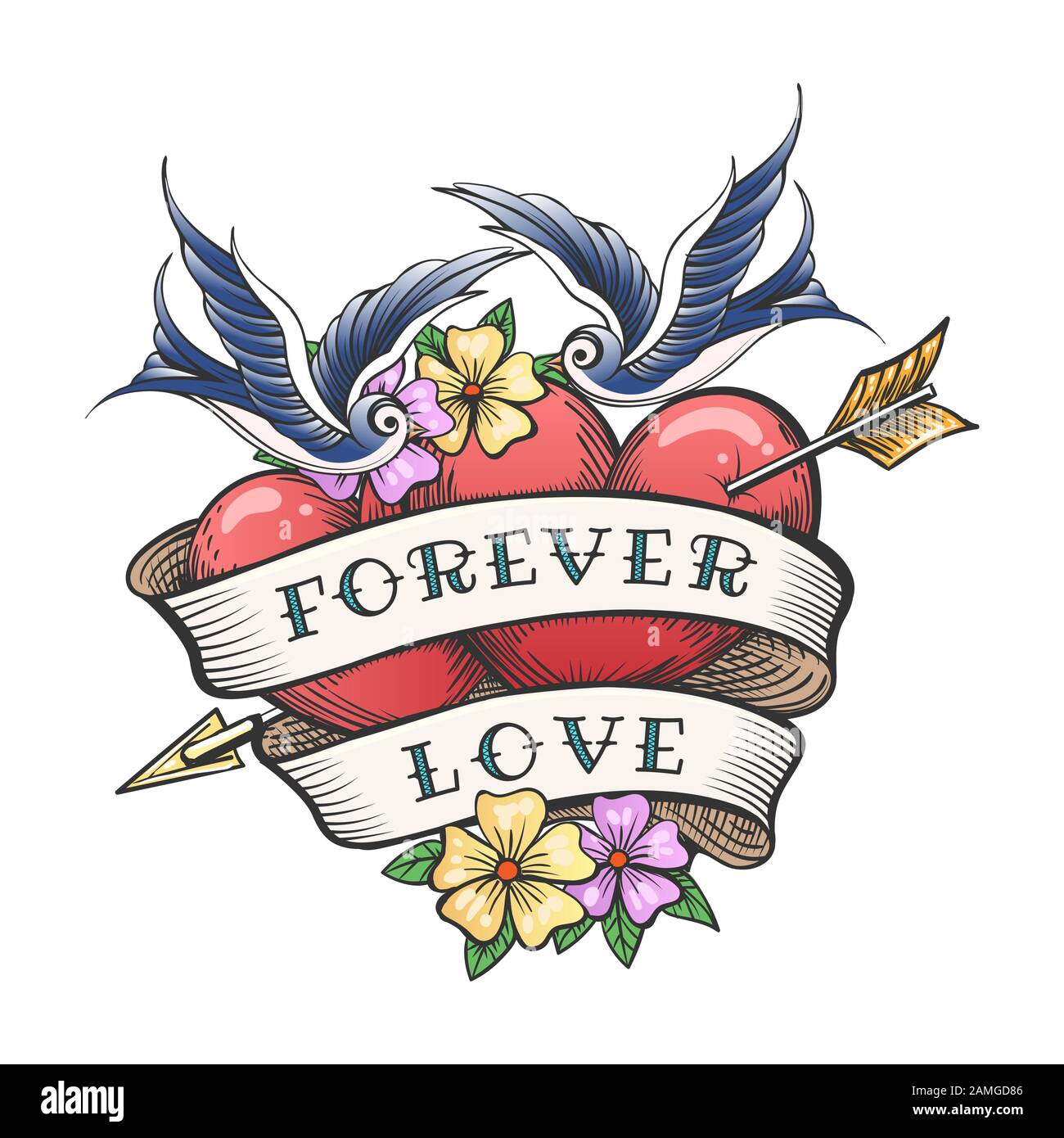 Deux coeurs Percées Par Arrow avec des lettres faites à la main Ensemble Forever. Tatouage Coeurs Avec Fleurs Et Swallow Volant. Illustration vectorielle. Illustration de Vecteur