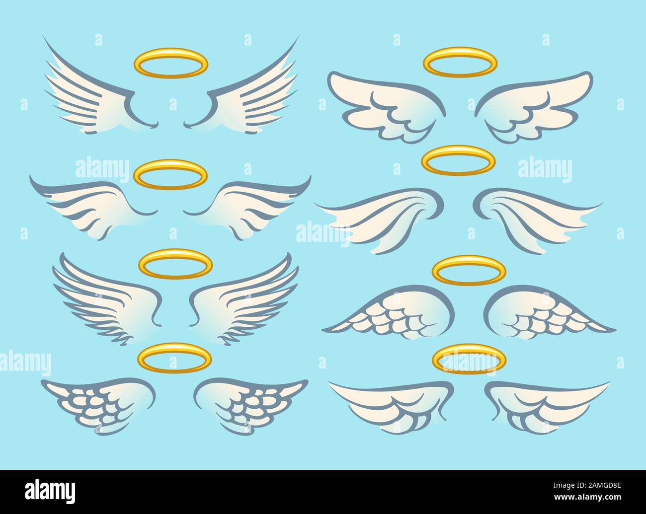 Ailes d'ange volant avec nimbus or. Jeu de bandes dessinées à ailes angéliques. Illustration Vectorielle Illustration de Vecteur