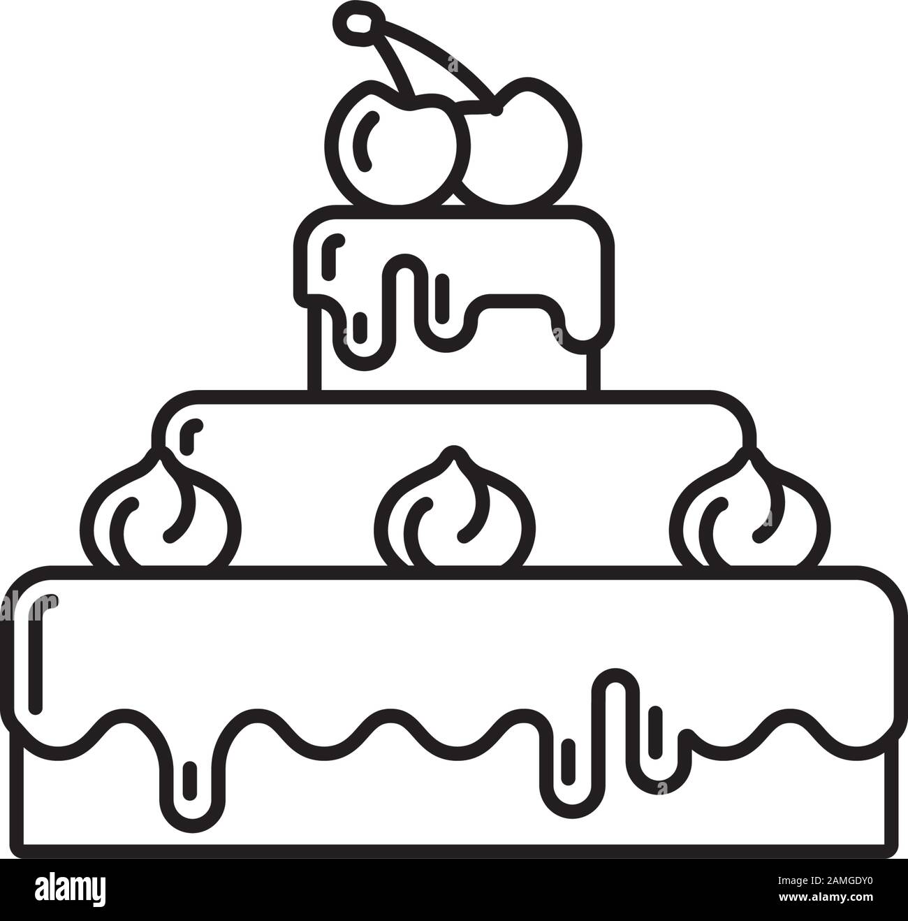 Gâteau au chocolat avec crème et cerises sur l'icône du contour supérieur. Symbole vectoriel de la nourriture douce. Illustration de Vecteur