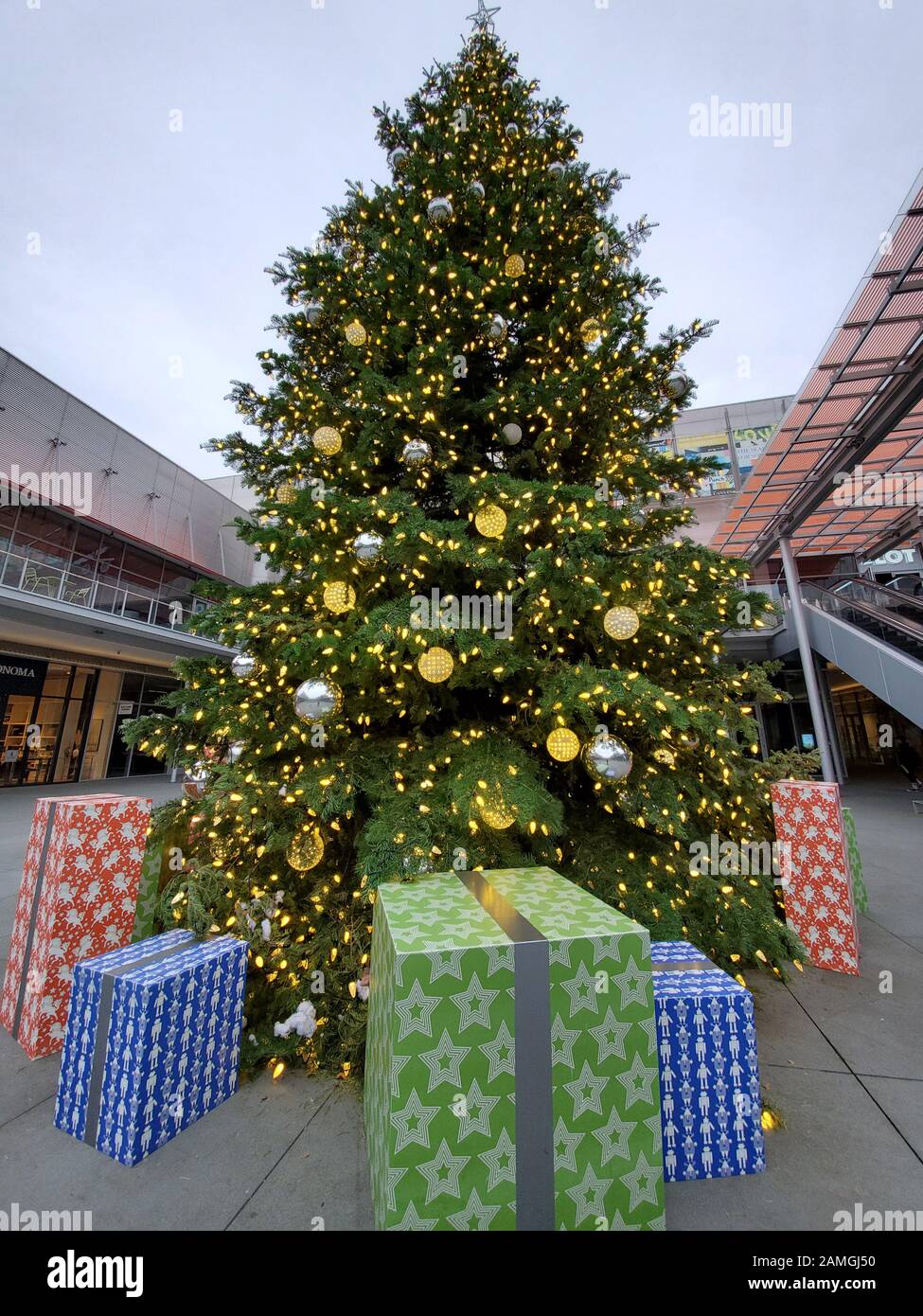 Grand arbre de Noël au City Center Bishop Ranch, un centre commercial à San Ramon, Californie, 30 novembre 2019. () Banque D'Images