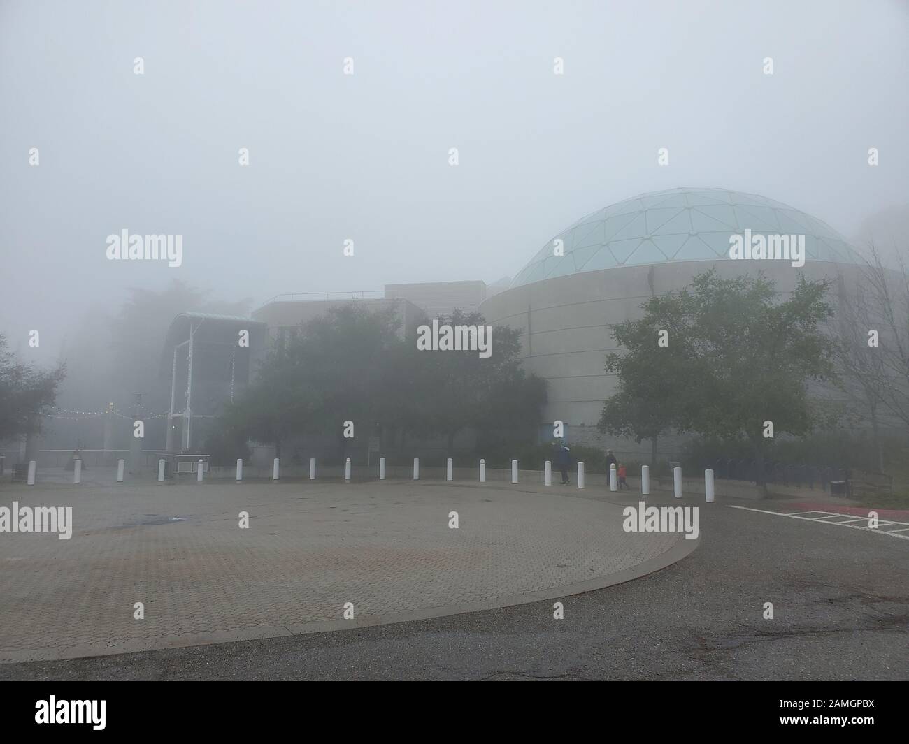 Le Chabot Space and Science Center est enveloppé de brouillard, Oakland Hills, Oakland, Californie, 29 décembre 2019. () Banque D'Images