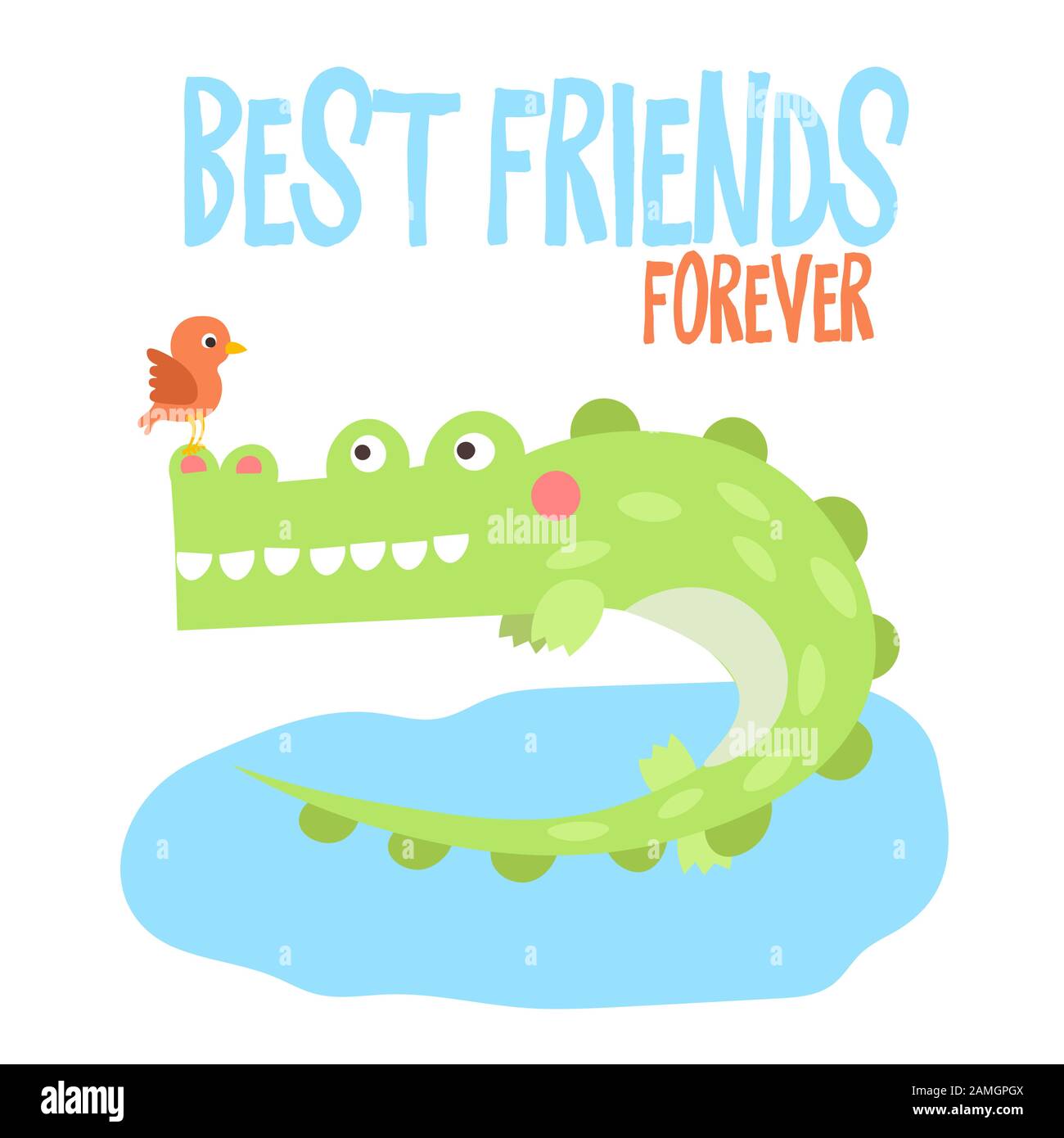Jolie illustration vectorielle de crocodile sur la rivière tropicale ou le lac avec peu d'oiseau sur son nez avec lettrage meilleur Friends Forever. Safari de dessin animé Illustration de Vecteur
