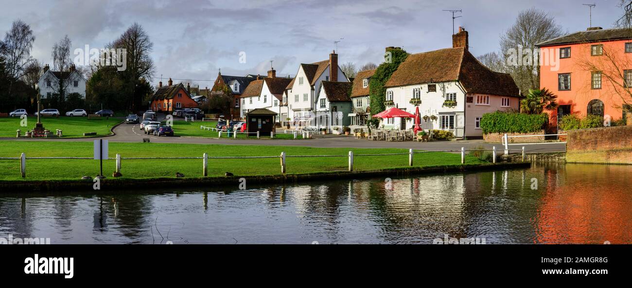 Image panoramique, Finchingfield Village Green et High Street, Essex, Angleterre, Royaume-Uni, GB Banque D'Images