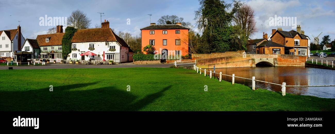 Image panoramique, Finchingfield Village Green et High Street, Essex, Angleterre, Royaume-Uni, GB Banque D'Images