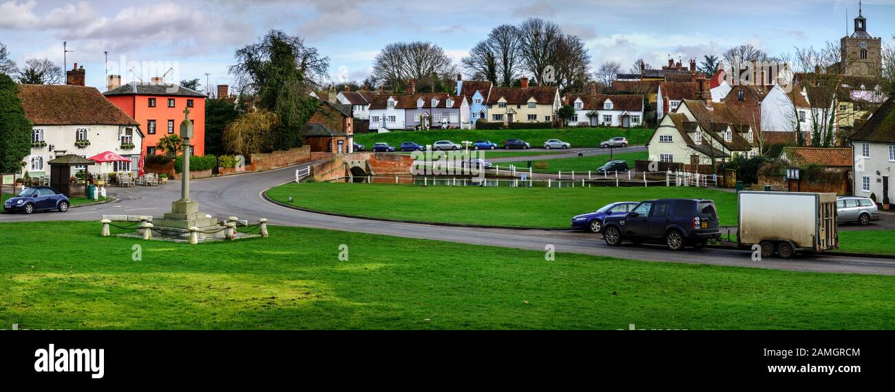 Image panoramique, Finchingfield Village Green et High Street, Essex, Angleterre, Royaume-Uni, GB Banque D'Images