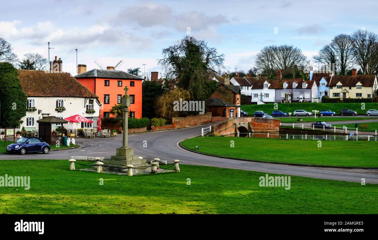 Image panoramique, Finchingfield Village Green et High Street, Essex, Angleterre, Royaume-Uni, GB Banque D'Images