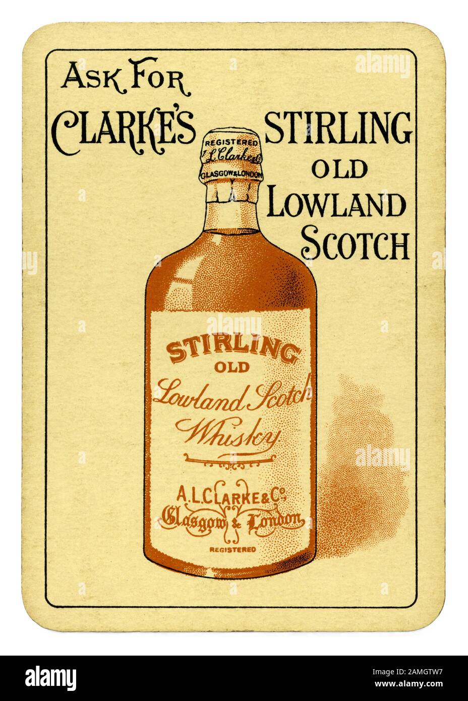 Verso d'un vieux jeu de carte avec une illustration d'une bouteille de scotch - à partir d'un jeu de cartes de promotion d'un Clarke et l'ancienne Co Stirling Lowland Scotch whisky c.1910. La société a été fondée à Glasgow et Londres. Banque D'Images
