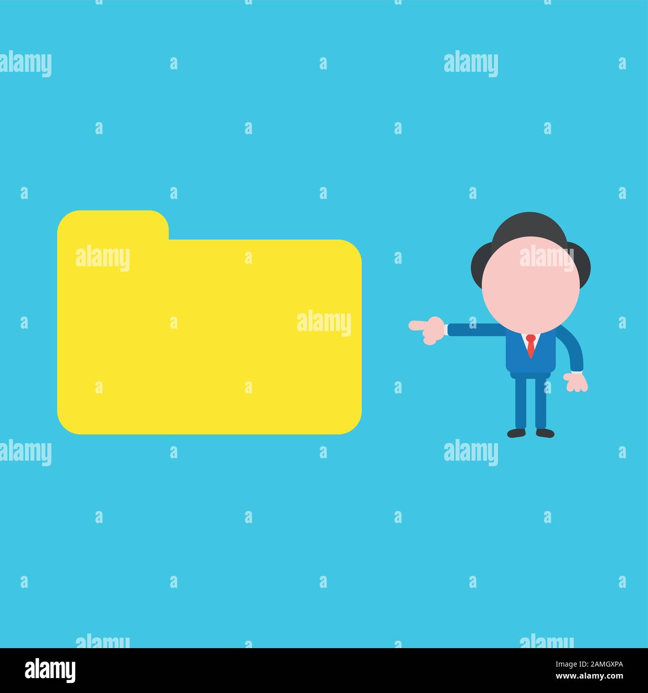 Illustration vectorielle d'un caractère homme d'affaires sans visage qui identifie un dossier de fichiers fermé sur fond bleu. Illustration de Vecteur