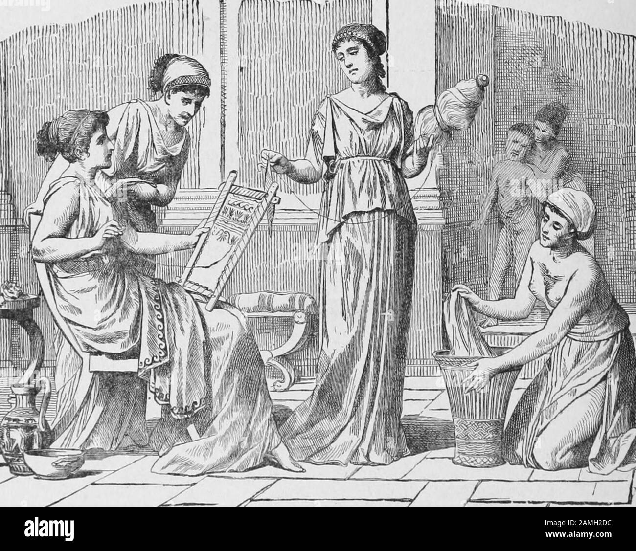 Illustration illustrant la vie dans la Grèce antique pour les femmes, avec plusieurs femmes exerçant des tâches ménagères, y compris la couture, le lavage et la garde des enfants, 1915. Archives Internet De Courtoisie. () Banque D'Images