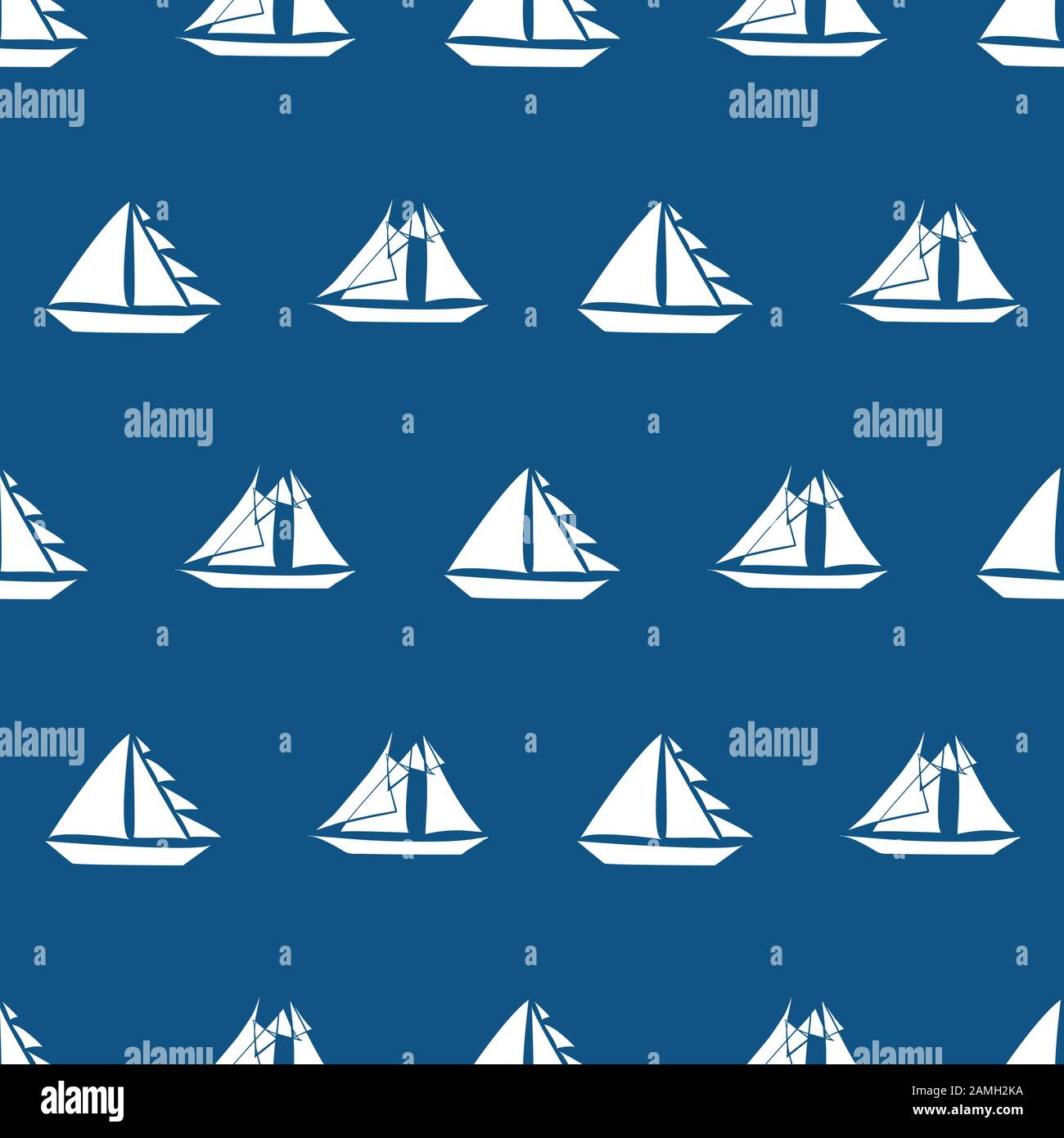 Bateaux à voile blancs dessinés à la main de différentes tailles dans un design géométrique. Motif vectoriel transparent sur fond bleu marine. Super pour le thème nautique Illustration de Vecteur