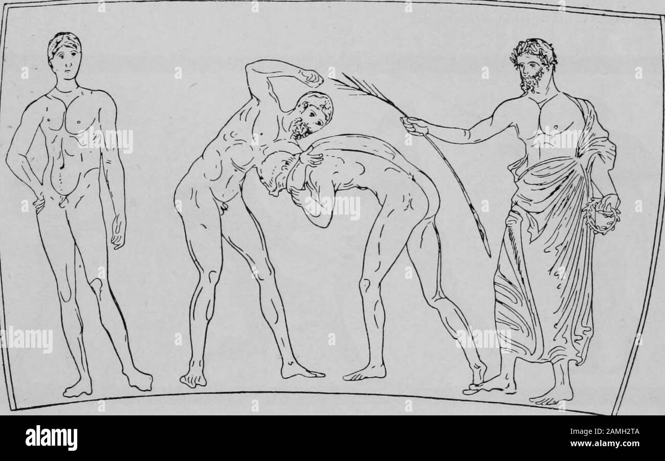 Image présentant des hommes grecs luttant avec un juge regardant, tiré du livre "Greek Athletic Sports and Festivals" de l'auteur E. Norman Gardiner, publié par Macmillan and Co, 1910. Archives Internet De Courtoisie. () Banque D'Images