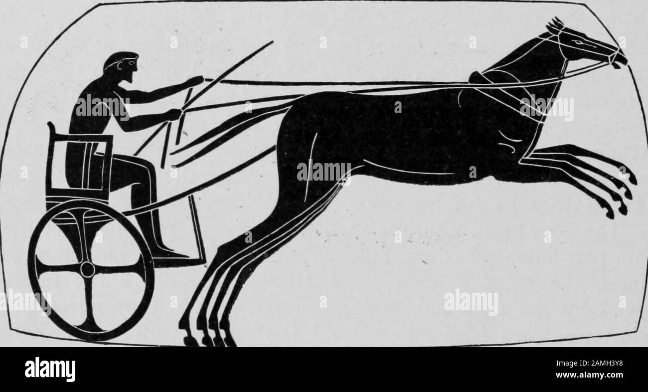 Illustration présentant un athlète grec ancien dans un char tiré par des chevaux, du livre "Sports et festivals sportifs grecs" de l'auteur Norman E. Gardiner, publié par Macmillan Co, 1910. Archives Internet De Courtoisie. () Banque D'Images