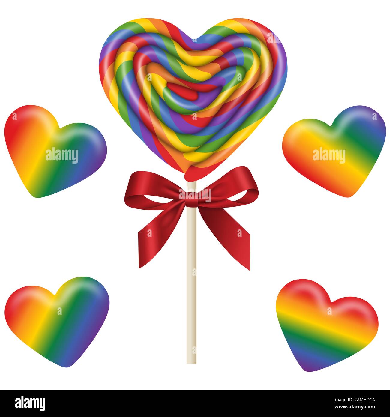 mettez des sucettes et des bonbons gummy isolés en forme de coeur aux couleurs de l'arc-en-ciel Banque D'Images