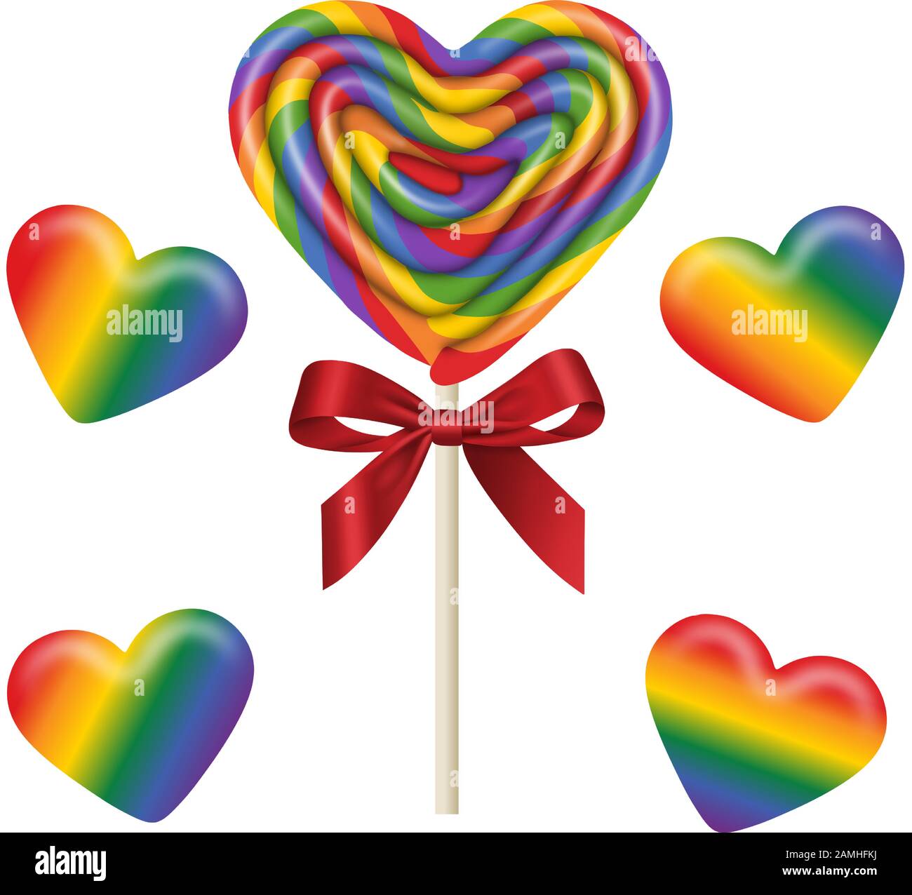 mettez des sucettes et des bonbons gummy isolés en forme de coeur aux couleurs de l'arc-en-ciel Illustration de Vecteur