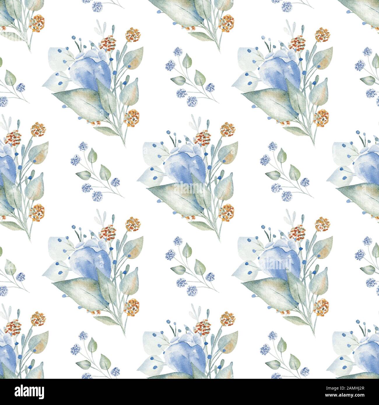 Fleurs bleues et feuilles dessinées à la main aquarelle sans couture motif. Composition botanique, texture des bouquets de fleurs pastel. Dessin décoratif d'aquarelle de lin Banque D'Images