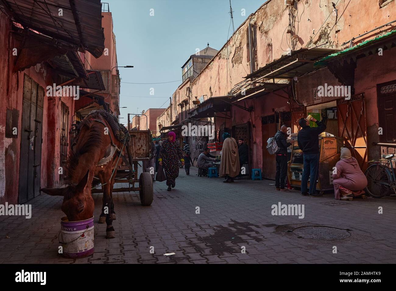 Rue Marrakech vie régulière, avec de l'eau potable mule Banque D'Images