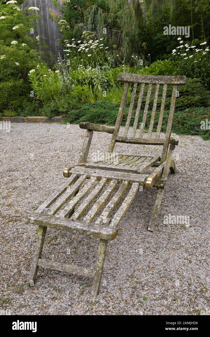 Ancienne chaise longue transat en bois de teck recouverte de Bryophyta -  Green Moss et lichen Growth sur le patio en gravier dans le jardin privé de  la cour en été Photo