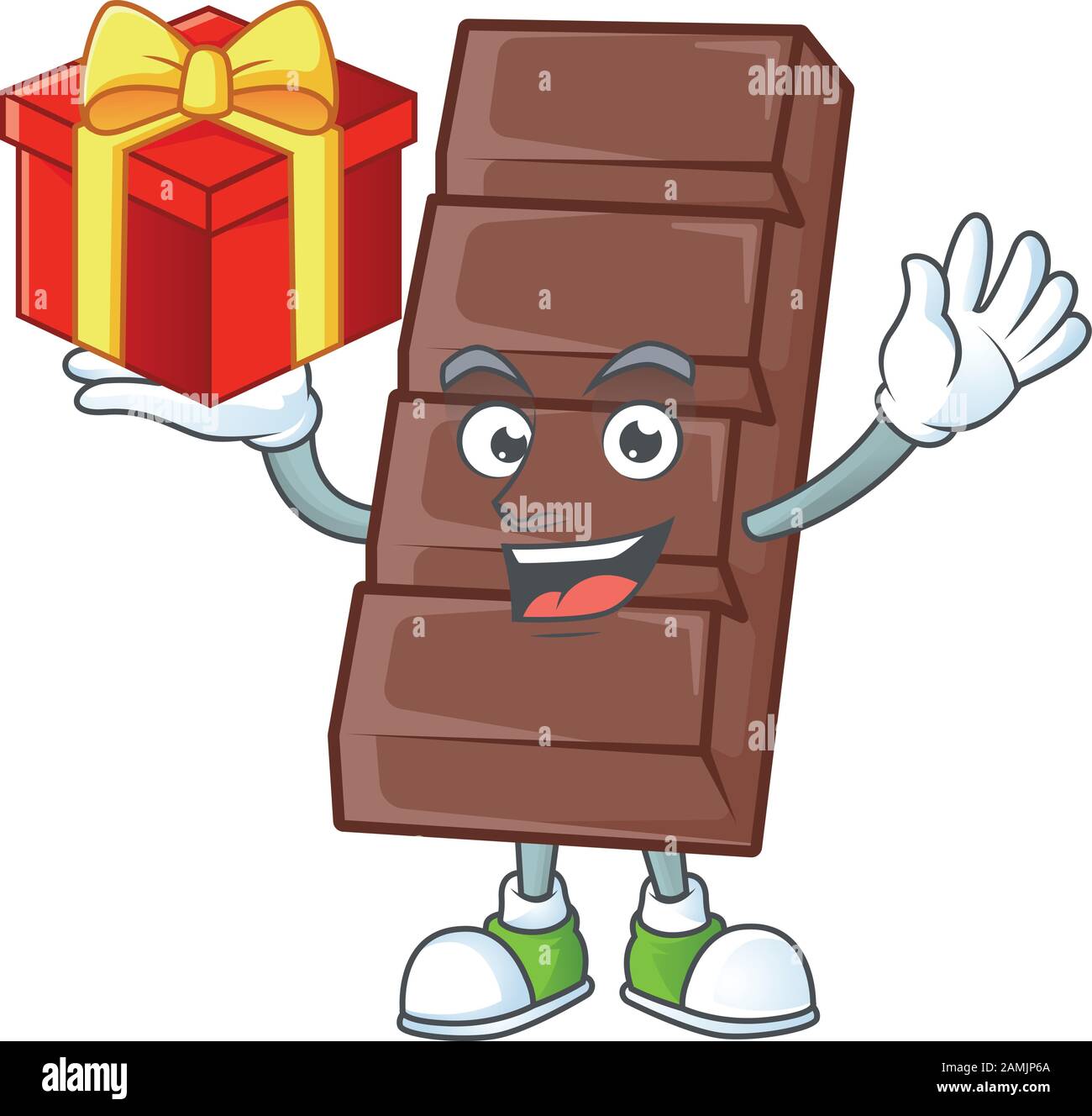 Joyeux visage chocolat bar personnage de dessin animé ayant une boîte de cadeau Illustration de Vecteur