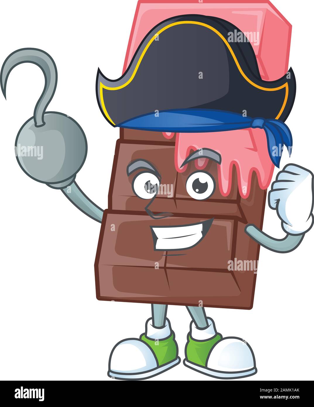 Cool une main Pirate chocolat bar avec la crème rose dessin animé personnage portant chapeau Illustration de Vecteur