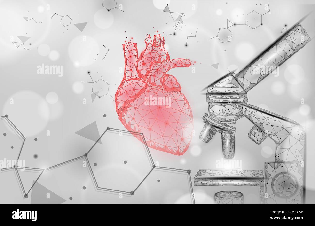 Coeur 3d microscope science medicine concept basse poly. Pharmacie en ligne rouge triangle arrière-plan. Le traitement moderne quelques autres récupération vector Illustration de Vecteur